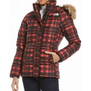The North Face Hooded Puffer Jacket Red Plaid W/ Faux Fur